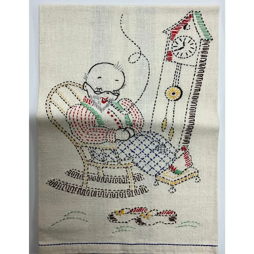 Vintage 2 Handmade Embroidery Kitchen Dish Towels Grandma Grandpa Rock'n NEW - Picture 2 of 7